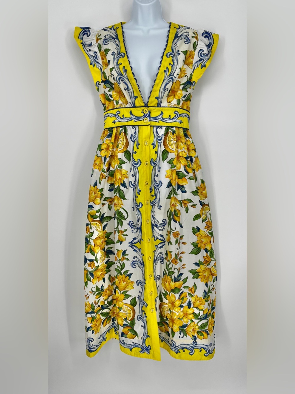 Farm Rio Yellow Mediterranean Sicily Scarf Lemon Tile Dress Medium - Picture 4 of 16